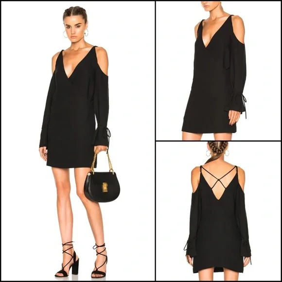 IRO Black Surplice Crepe Cold Open Shoulder Tie Flare Bell Wrist Mini Dress LBD - Picture 2 of 12